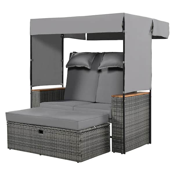 Zeus & Ruta Gray 2-Piece Patio Wicker Outdoor Day Bed with Gray Cushions, Adjustable Backrest and Canopy