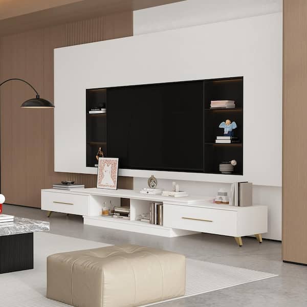 FUFU&GAGA White Wooden Extandable TV console Entertainment Center Fits TV's up to 90 in. Size with Drawers & Shelves