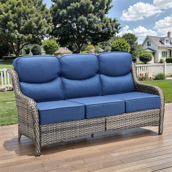 NovaSwivel Gray Wicker Patio Couch, Outdoor Sofa with High Back, and 6 in. Thick Blue Cushions for Backyard, Porch