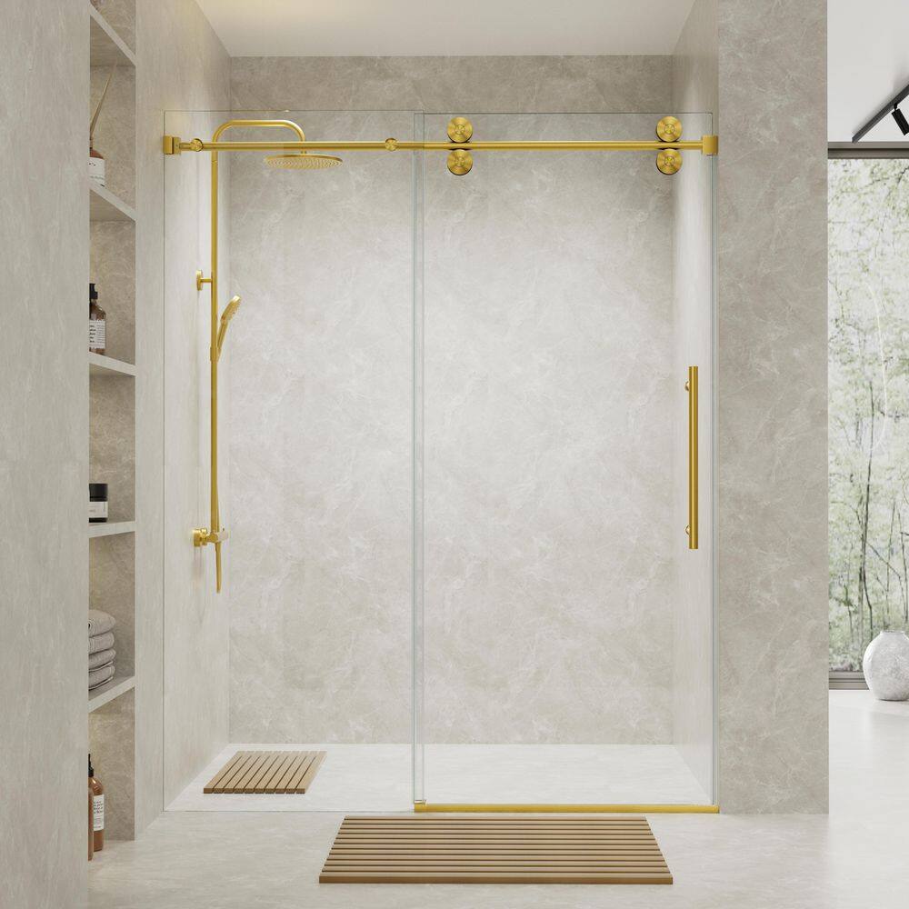 Aurelia 66 in. W x 76 in. H Frameless Sliding Shower Door in Brushed Gold with Smooth Sliding and 3/8 in. Clear Glass price history on PriceWatchPro