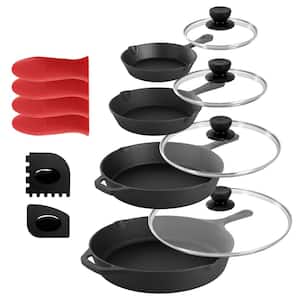 13-Piece Cast Iron Skillet Set with Tempered Glass Lids and Silicone Holders