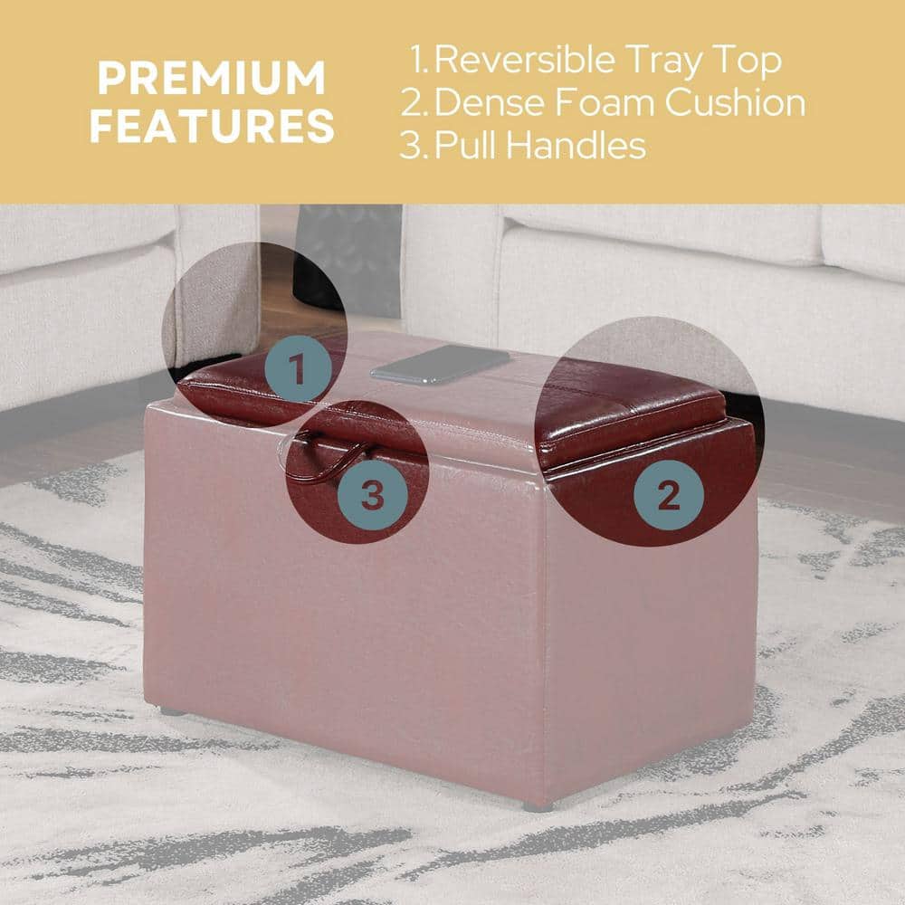 Burgundy Faux Leather 23" Modern Storage Ottoman with Tray