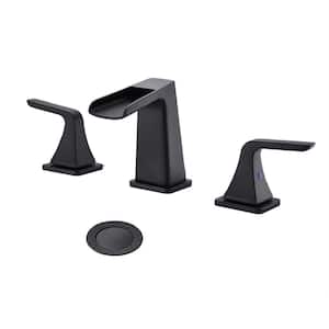 8 in. Widespread Double Handle Waterfall Spout Bathroom Faucet with Pop Up Drain Included in Matte Black