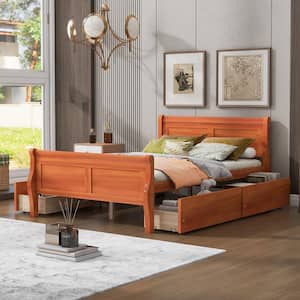 Oak(Orange) Wood Frame Full Size Platform Bed with 4 Storage Drawers on Each Side and Additional Slats Support Legs