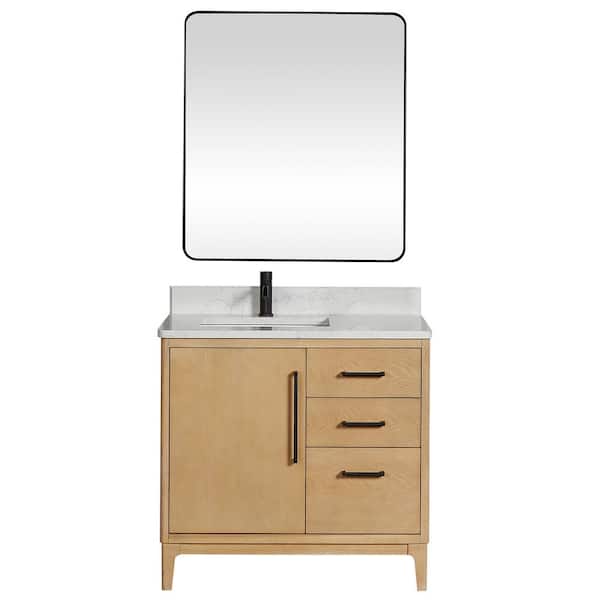 ROSWELL Gara 36 in.W x 22 in.D x 33.9 in.H Single Sink Bath Vanity Grey White Grain Composite Stone Top Mirror