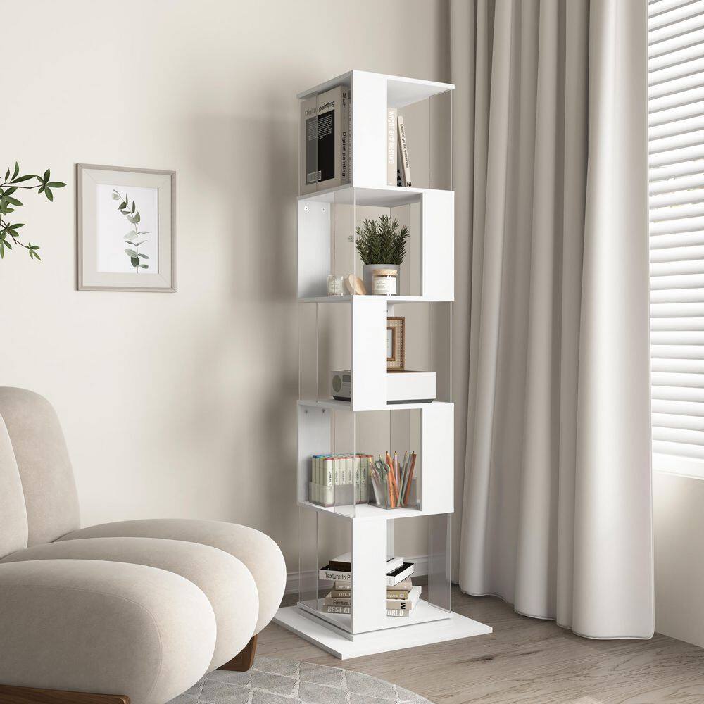 Nestfair White 63 in. Tall 5 Tier Rotating Floor Rack Bookcase with ...