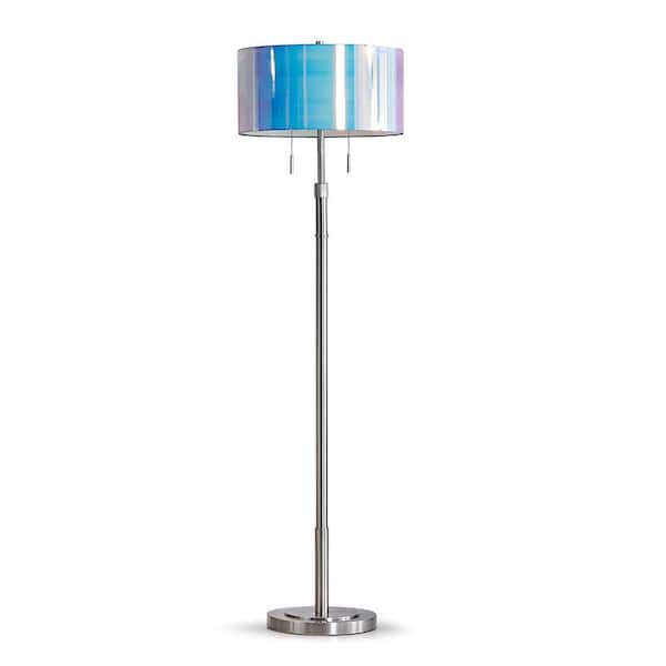 HomeGlam Grande 68 in. Brushed Nickel 2-Lights Adjustable Height Standard Floor Lamp with Drum Iridescent Shade