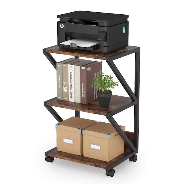 Brown 29.53 in. Accent Cabinet Office Storage Cabinet Printer Stand Machine Cart on Wheels with 3-Storage Open Shelves