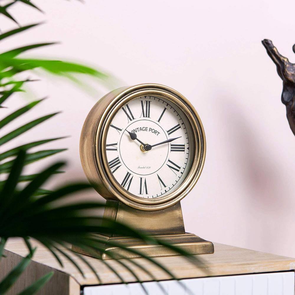 Vintage Gold Metal Tabletop Mantel Clock with Roman Numerals