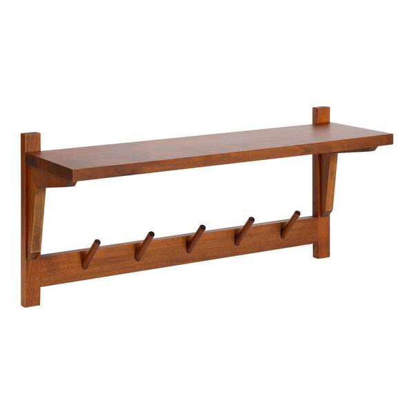Kate and Laurel Meridien 8.25 in. D 24.00 in. W 11.50 in. H Walnut Brown Wood Floating Decorative Wall Shelf with Hooks