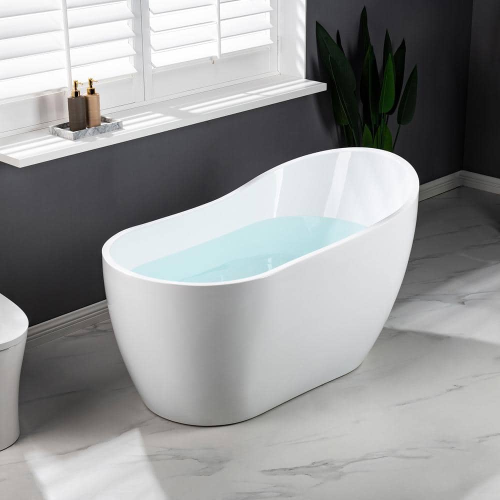 54" White Acrylic Freestanding Slipper Soaking Tub with Matte Black Trim