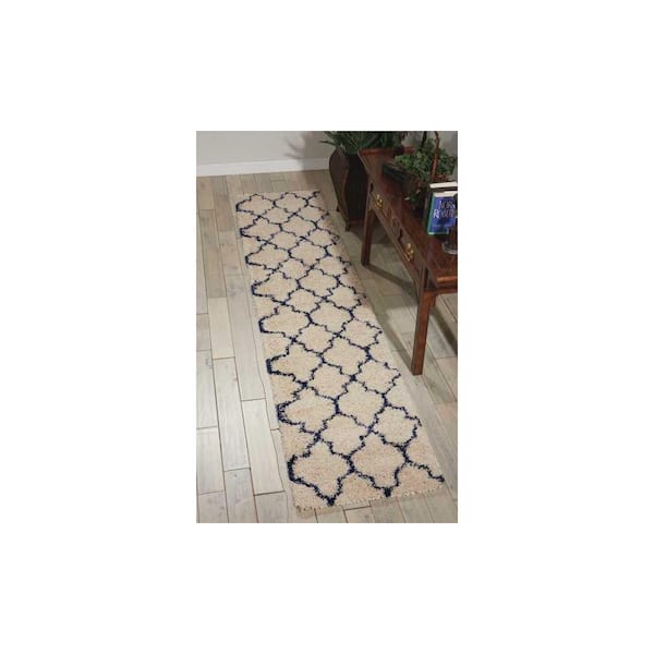 Amore Solid Shag Ivory/Blue 2 ft. x 10 ft. Runner Area Rug