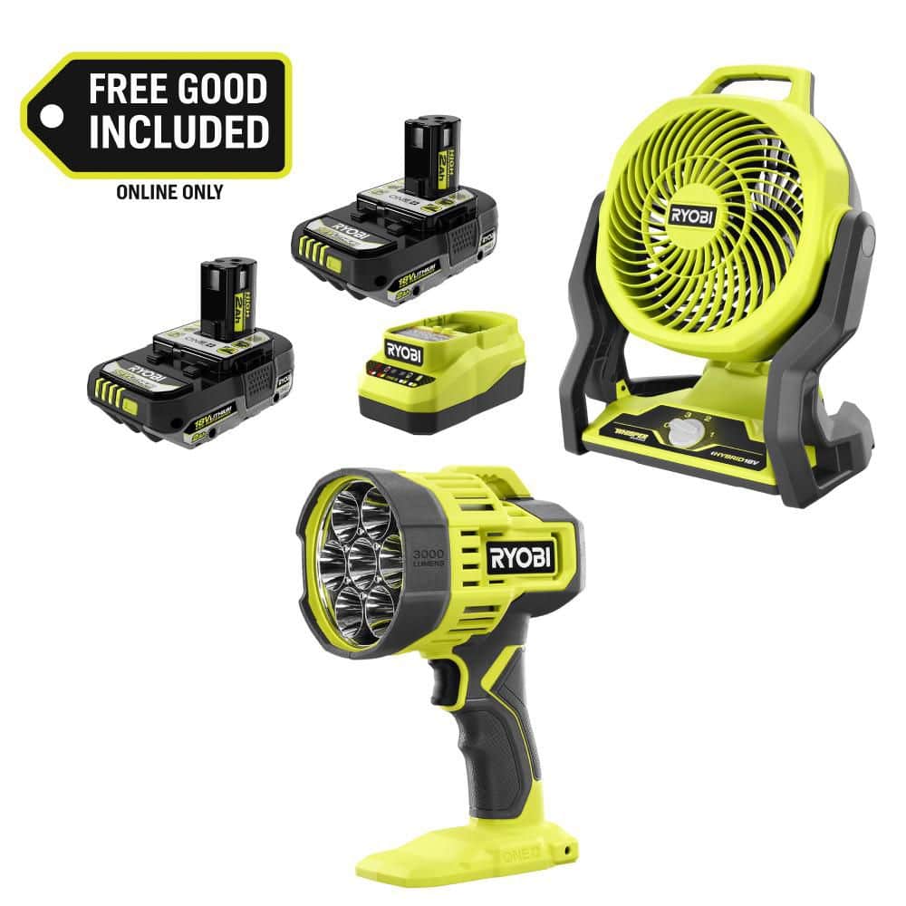 RYOBI ONE+ 18V Cordless Hybrid 7.5 in. Fan Kit w/ (2) 2Ah