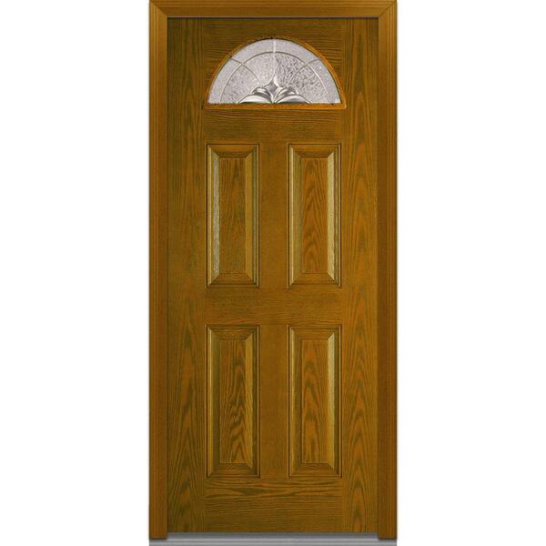 MMI Door 32 in. x 80 in. Heirloom Master Right Hand 1/4 Lite 4-Panel Classic Stained Fiberglass Oak Prehung Front Door