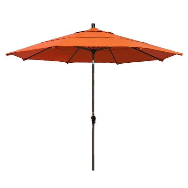 California Umbrella 11 ft. Bronze Aluminum Market Patio Umbrella with Auto-Tilt Crank Lift in Tangerine Sunbrella