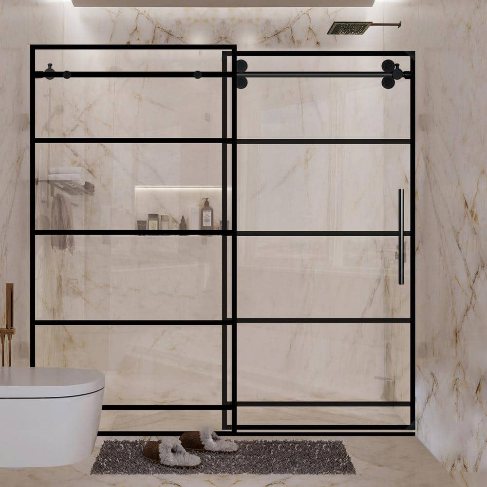 60" Matte Black Framed Sliding Shower Door with Stainless Steel Handle