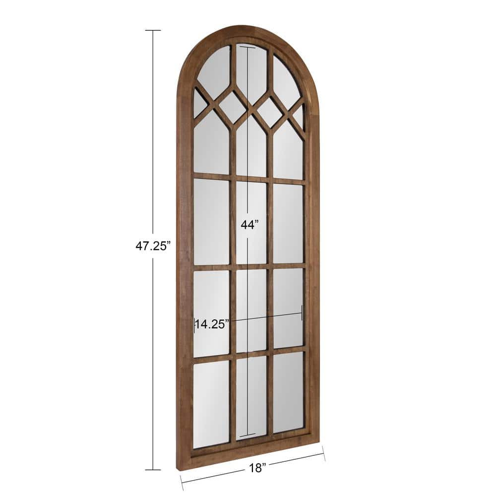 Rustic Brown Arch Wood Framed Windowpane Wall Mirror, 18 x 47