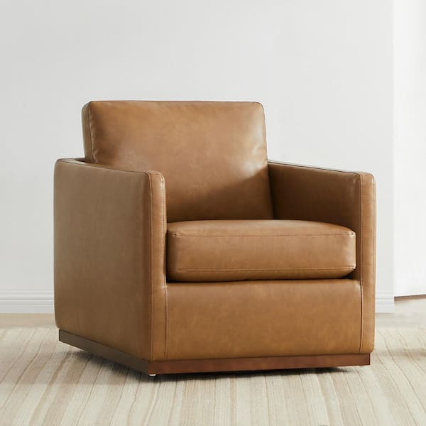 Kyle Saddle Brown Faux Leather Swivel Mid Century Accent Chairs Upholstered Arm Chair for Living Room or Bedroom