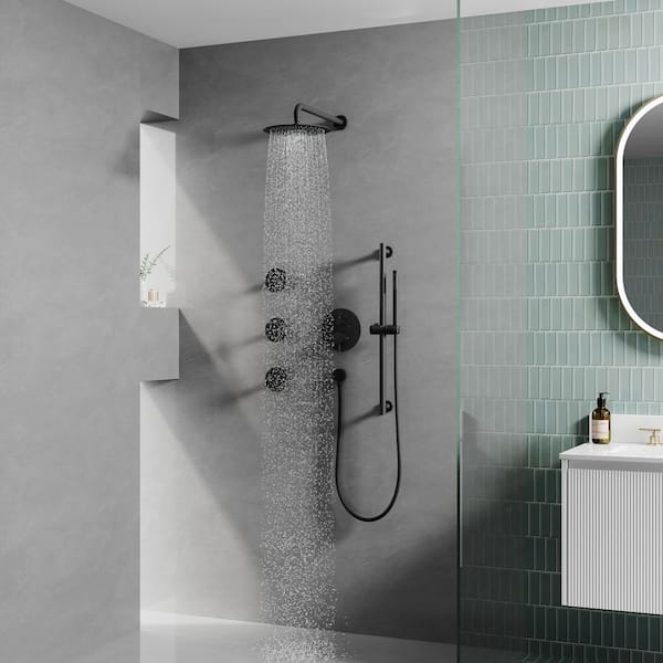 3-Spray 10 in. Square Showerhead Shower System Wall Bar Shower Kit with Hand Shower and Body Jets in Matte Black
