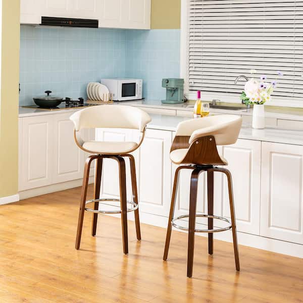 40.5 in. H Mid-Century Modern Cream PU Leather/Walnut bentwood Swivel Chair Bar Stool (Set of 2)