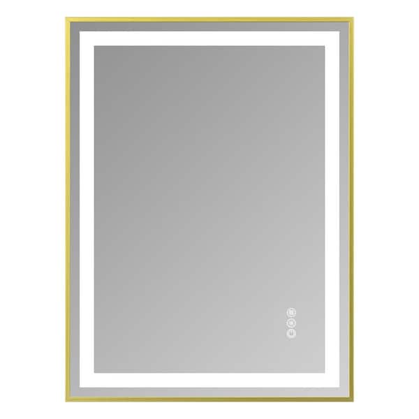 24 in. W x 32 in. H Rectangle Framed LED Anti-Fog Wall Bathroom Vanity Mirror in Gold