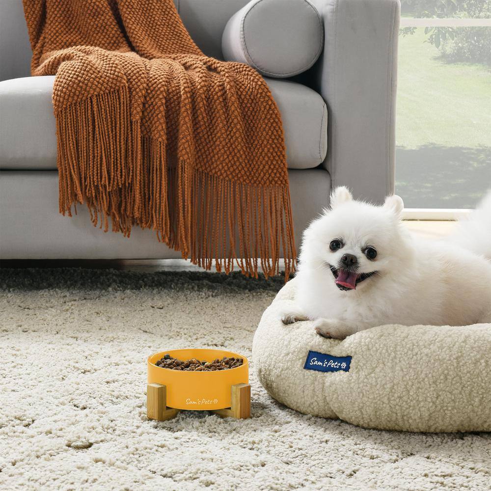 Yellow Ceramic Pet Bowl with Wooden Stand