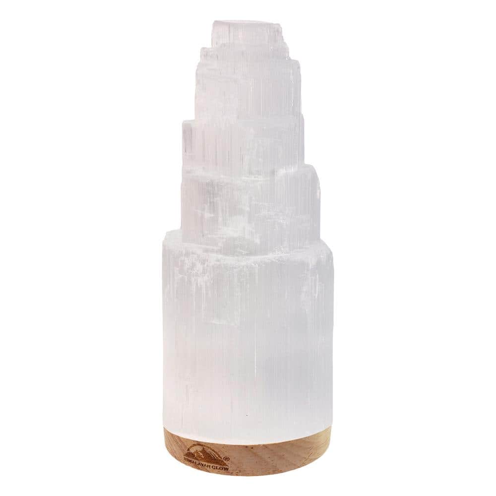 Himalayan Glow WBM Selenite Crystal Lamp, Hand Curved Moroccan Crystal with Wooden Base