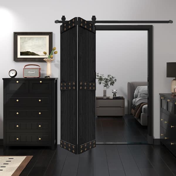ISLIFE Mid-Bar Style 30 in. x 84 in. (15 in. x 84 in. x 2-Panels) Solid Core Ebony Wood Bi-fold Door Hardware Kit -Assembly