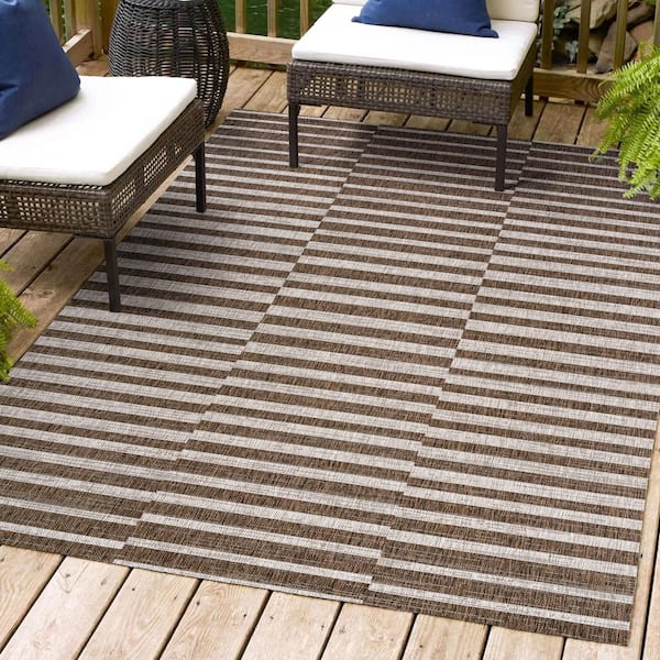 JONATHAN Y Sukie Modern Offset Stripe Brown/Beige 3 ft. x 5 ft. Indoor/Outdoor Area Rug