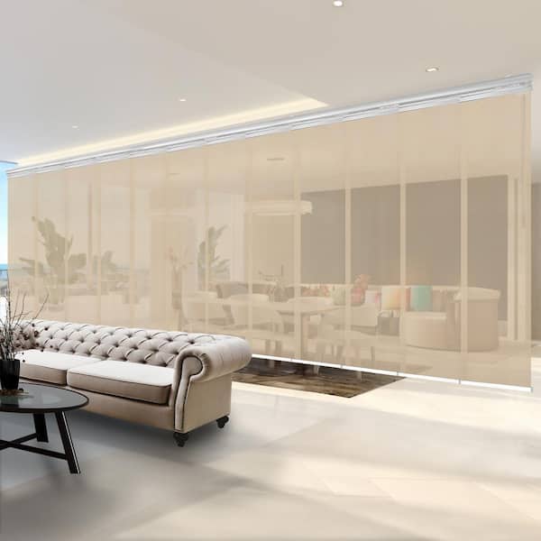 EMOH Sienna Mesh 140 in. to 260 in. W x 94 in. L Adjustable 12-Panel White Double Rail Panel Track with 23.5 in. Slates