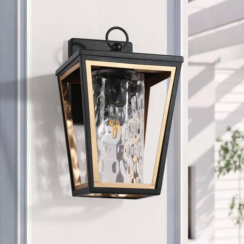 LNC Modern Black Gold Outdoor Hardwired Wall Lantern Sconce with Cylinder Water Wave Glass Shade and No Bulbs Included