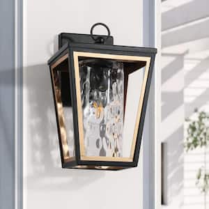 Modern Black Gold Outdoor Hardwired Wall Lantern Sconce with Cylinder Water Wave Glass Shade and No Bulbs Included