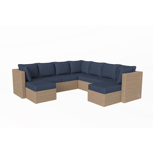 Crystal Ridge Wicker Outdoor 9-Piece Modular Sectional Sofa Set with Navy CushionGuard Cushions