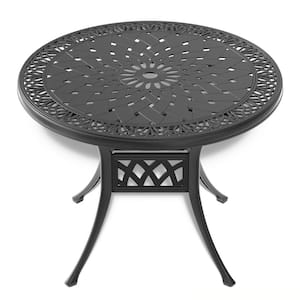 35.43 in. Black Cast Aluminum Patio Outdoor Dining Table with Umbrella Hole