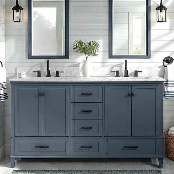 Merryfield 61 in. Double Sink Freestanding Dark Blue-Grey Bath Vanity with White Carrara Marble Top (Assembled)