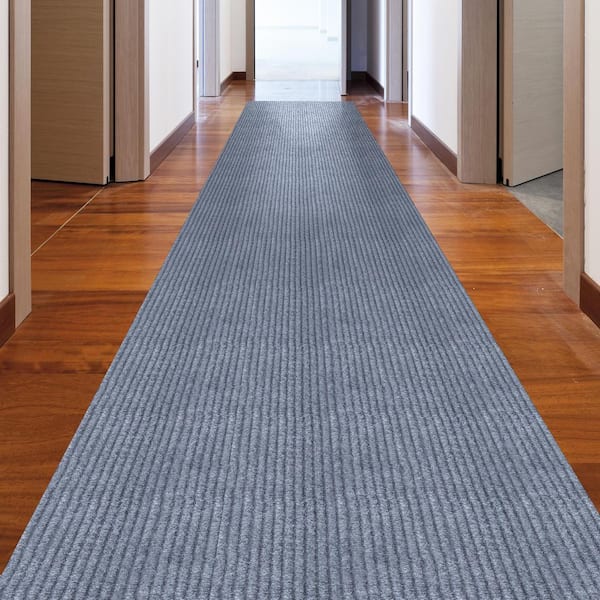 Sweet Home Stores Ribbed Waterproof Non-Slip Rubber Back Solid Runner 2 ft. W x 20 ft. L Gray Rug Polyester Garage Flooring