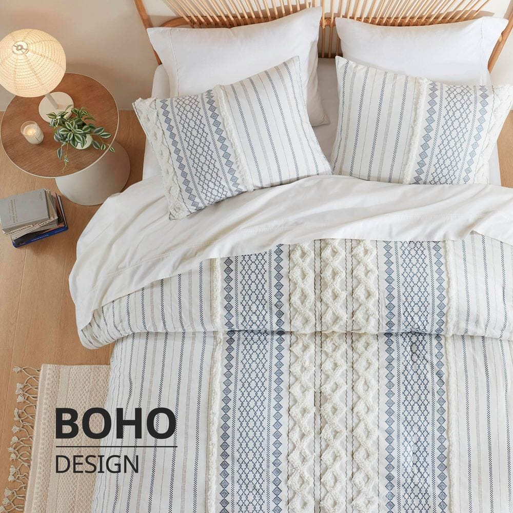 King Blue and White Cotton Comforter Set with Geometric Prints