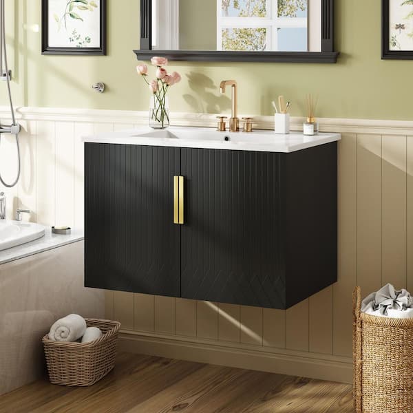 Floating 30 in. W Single Sink Black Vintage Bath Vanity with White Ceramic Top, Soft Closing Doors
