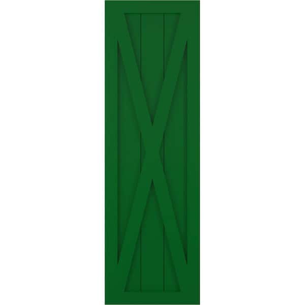 Ekena Millwork 12 in. x 42 in. True Fit PVC Single X-Board Farmhouse Fixed Mount Board and Batten Shutters Pair in Viridian Green