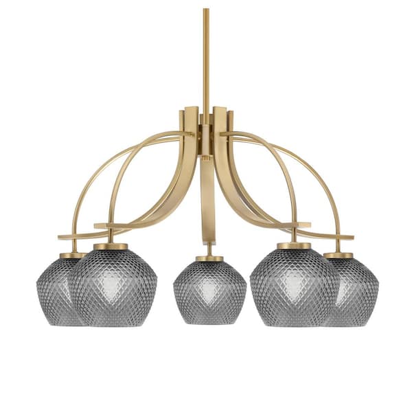 Olympia 16.75 in. 5-Light New Age Brass Downlight Chandelier Smoke Textured Glass Shade