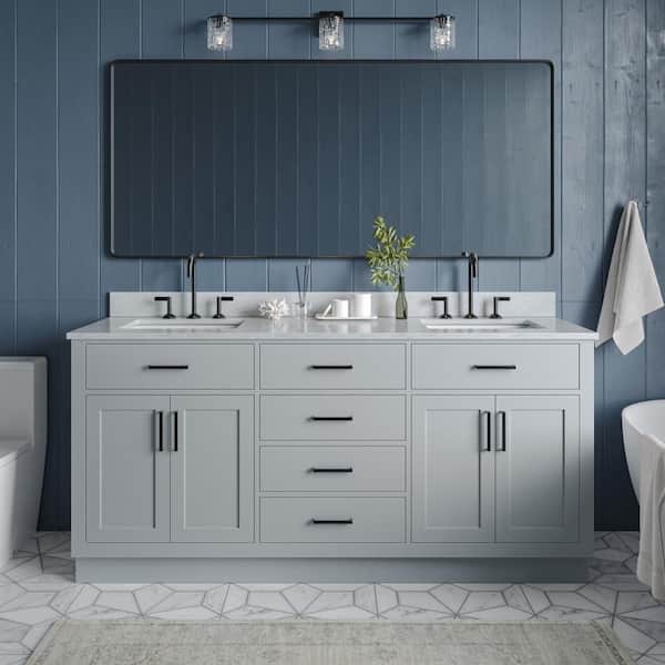 ARIEL Hepburn 73 in. W x 22 in. D x 35.25 in. H Bath Vanity in Grey with Carrara Marble Vanity Top in White with White Basins