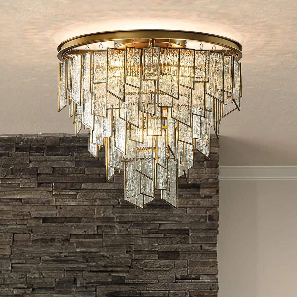 6-Light 18 in. Luxury Water Ripple Glass Flush Mount Modern Painted Brass F