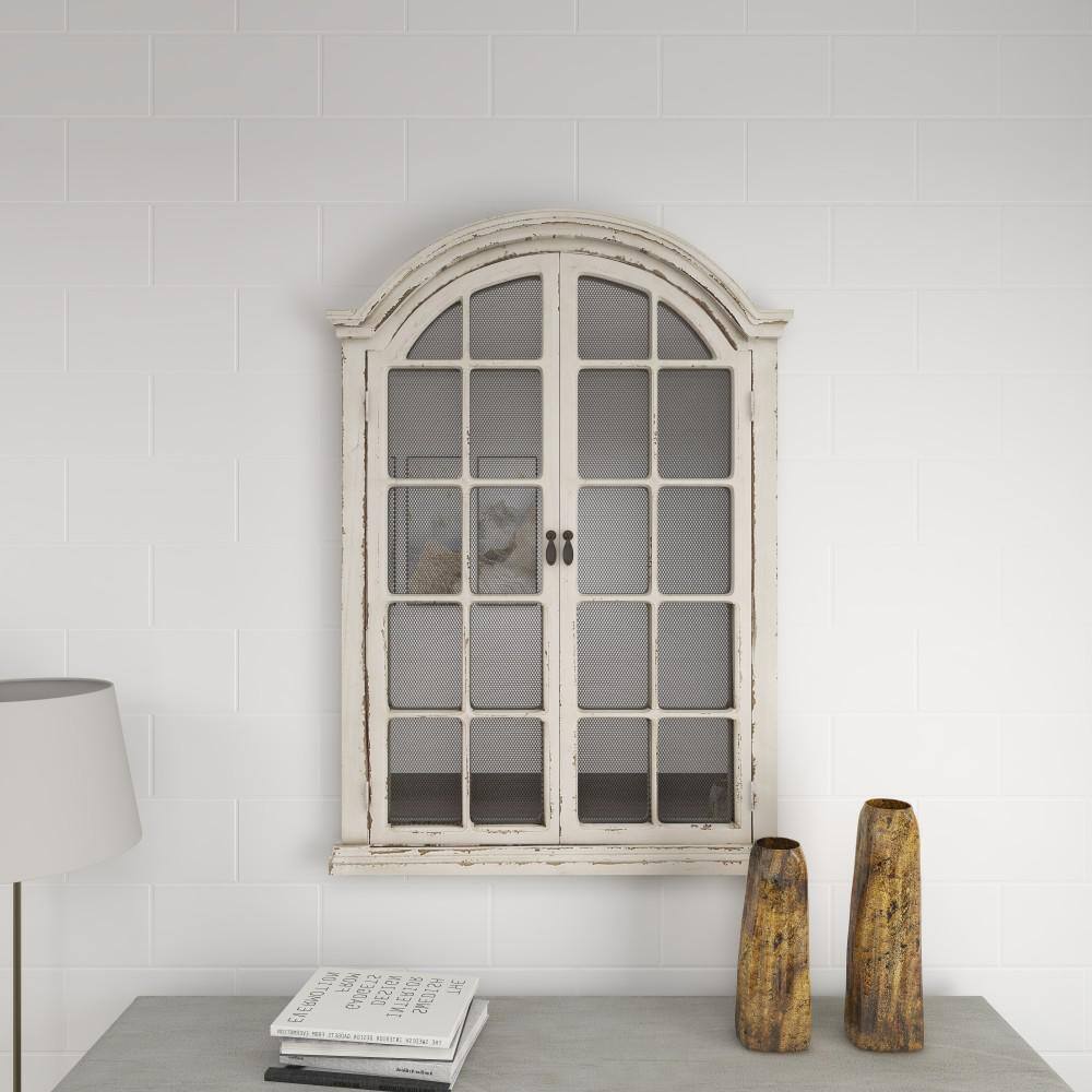 Cream Wood Windowpane Arched Wall Mirror with Distressed Finish