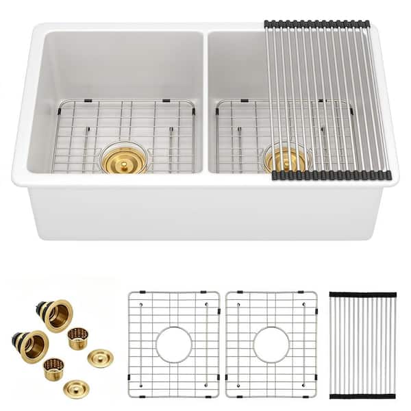 32 in. Durable High-Gloss White Fireclay Double Bowl 50/50 Kitchen Sink, Dual Mount Porcelain Ceramic with Accessories