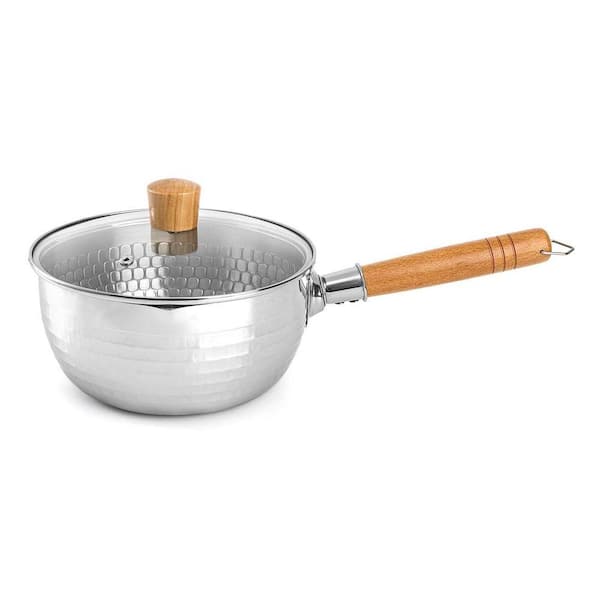 2 qt. Stainless Steel Sauce Pan Nonstick Snow Pan with Glass Lid Pour Spouts Wood Handle Induction Compatible