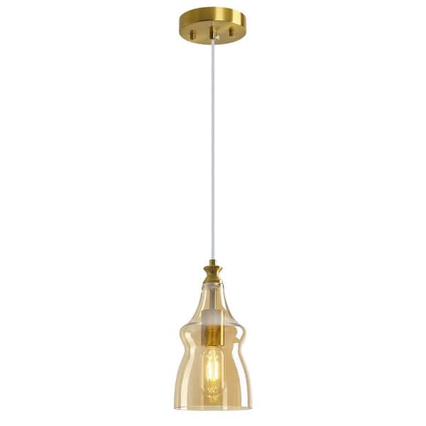 Home Lighting 5. 11in. 60 Watts 1Light Gold-Amber Modern Glass Pendant Light Farmhouse for Kitchen, 1Pack