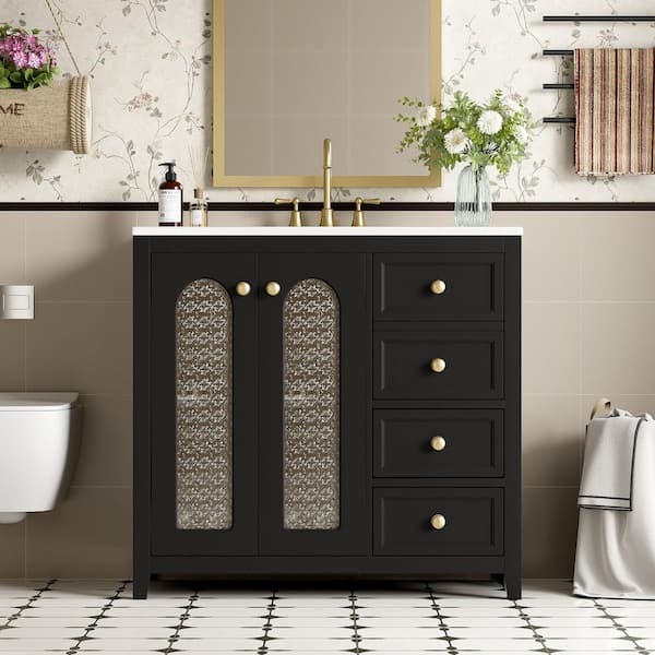 36 in. Single Sink Freestanding Black Bath Vanity with White Ceramic Top and Adjustable Shelves, Unassembled