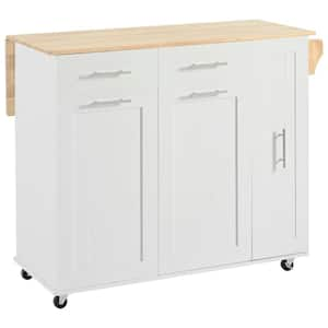 White Wood 46 in. Kitchen Island on 5 Wheels with Drop Leaf, 3 Tier Pull Out Cabinet Organizer and 2 Drawers