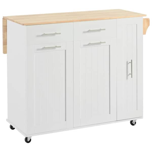 Cesicia White Wood 46 in. Kitchen Island on 5 Wheels with Drop Leaf, 3 Tier Pull Out Cabinet Organizer and 2 Drawers