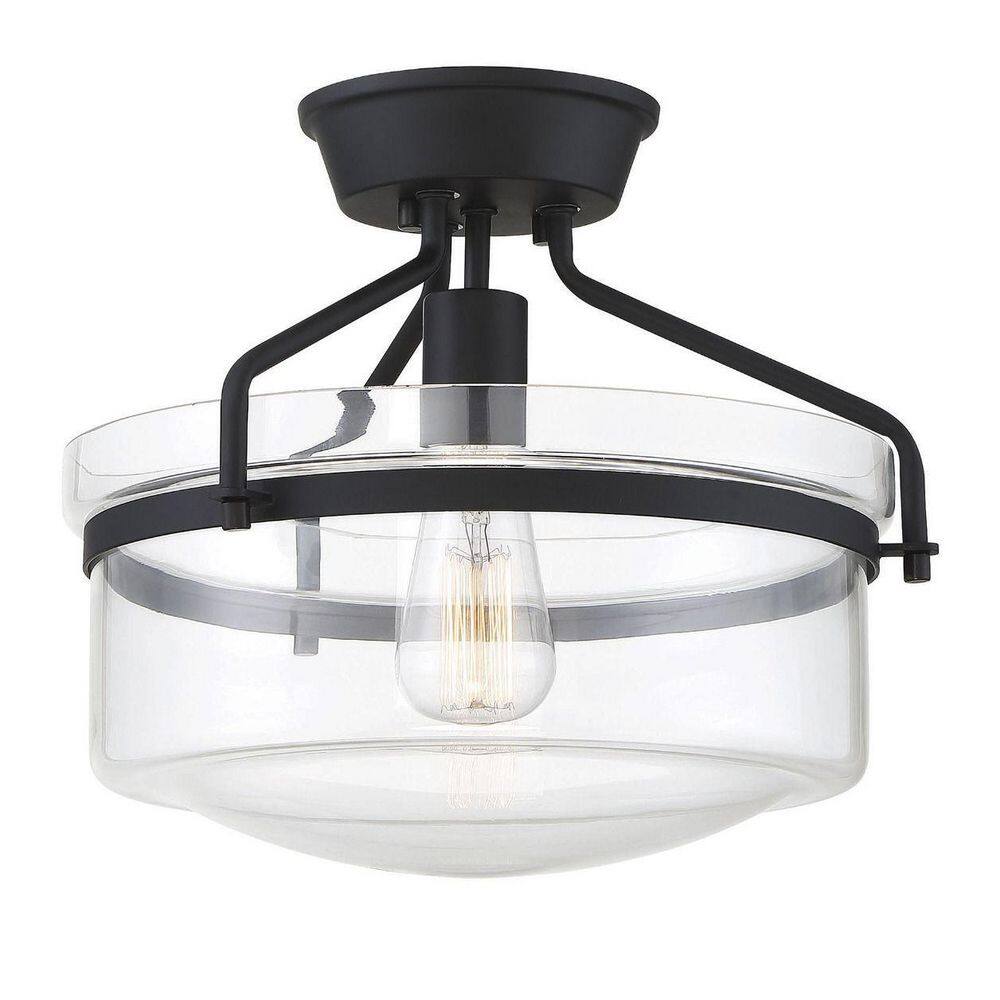 Gardner Matte Black Drum Glass Semi-Flush Ceiling Light